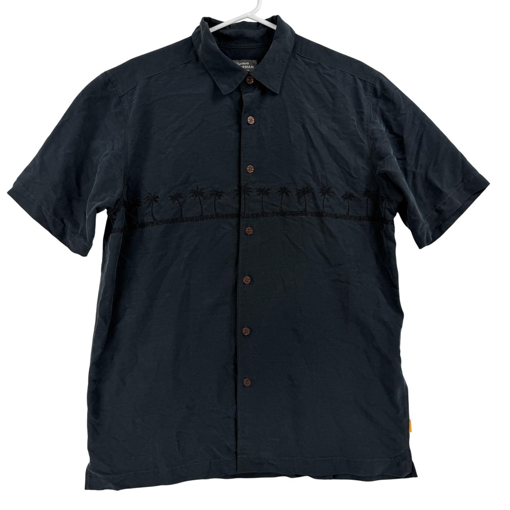 Quiksilver Shirt Mens Small Blue Palm Tree Short Sleeve Button Up Waterman Surf - Picture 1 of 9